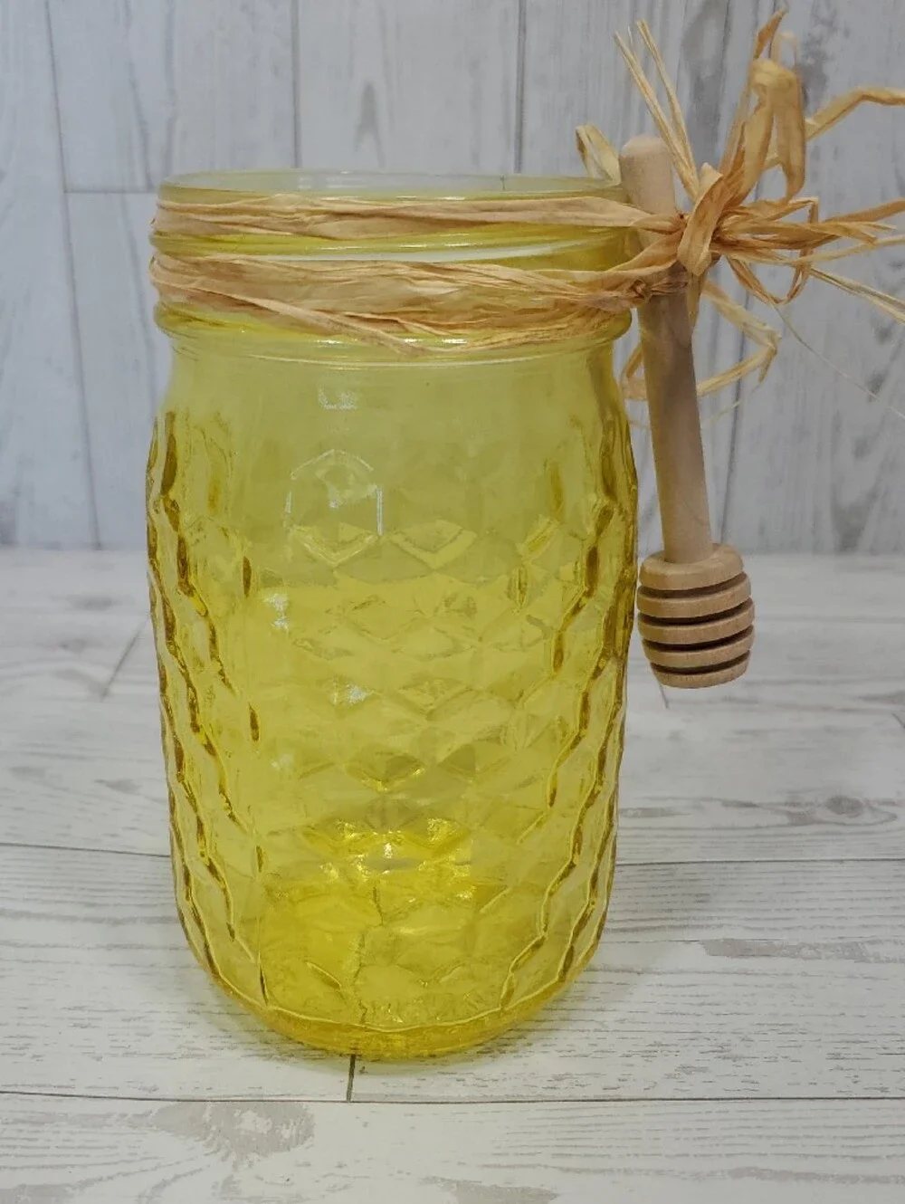 Honeycomb Pattern Decorative Glass Vase Jar with Wooden Honey Dipper Accent
